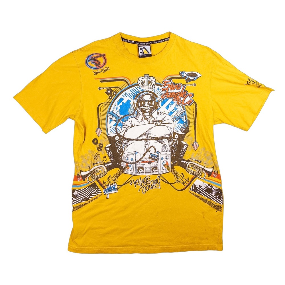 Five Jungle Graphic T-Shirt Mens Large Yellow Good Hip Hop DJ Kings County Tee